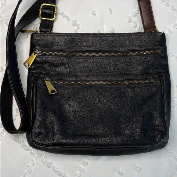 Handbags - Black Fossil Explorer Leather Crossbody Bag with Gold Accents